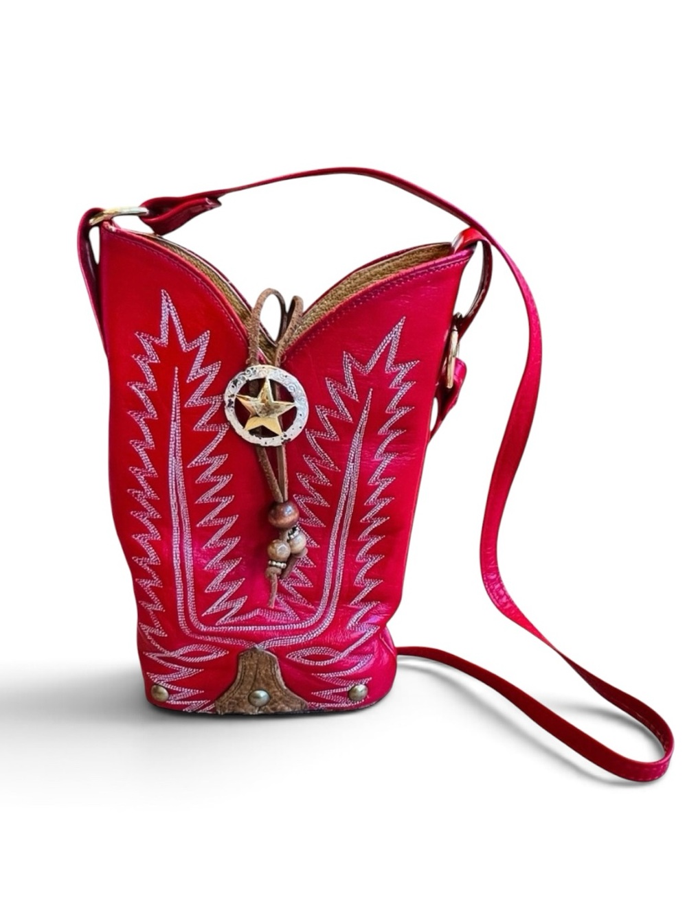 Vintage Women’s 80s Red Leather Cowboy Boot Shoulder Crossbody Bag Western